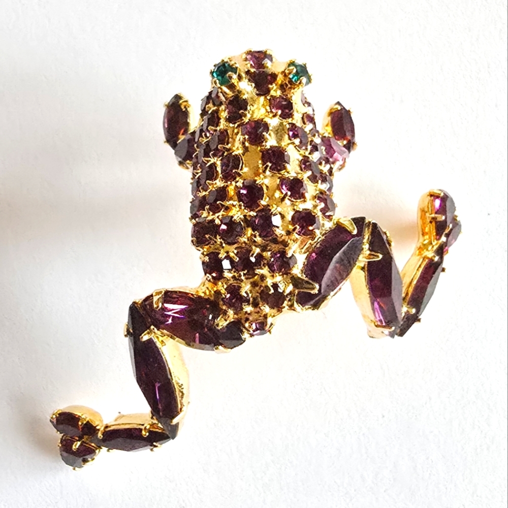 Vintage Bauer frog brooch rhinestones purple green gold pin toad Dorothy